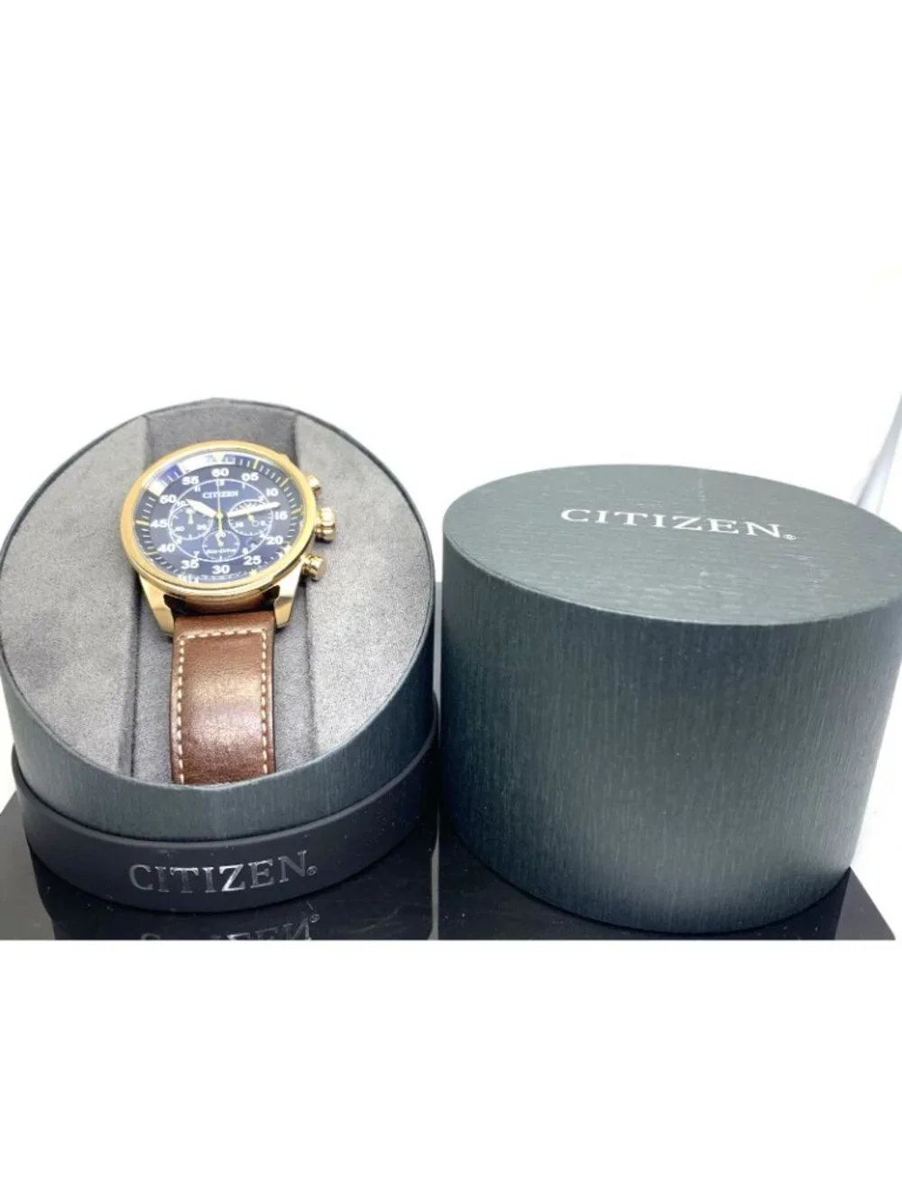 Citizen Men's Watch CA4213-18l Eco Drive Blue Dial Rose Gold Brown Leather Band